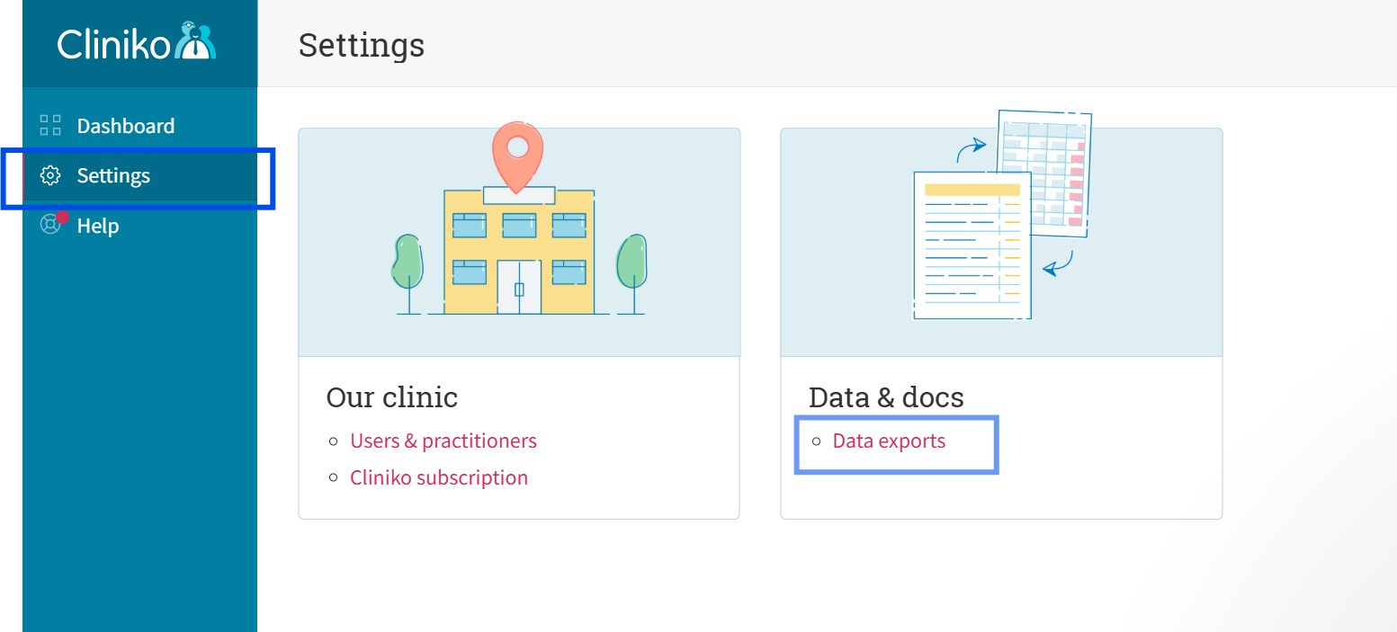 Cliniko — Settings → Data exports