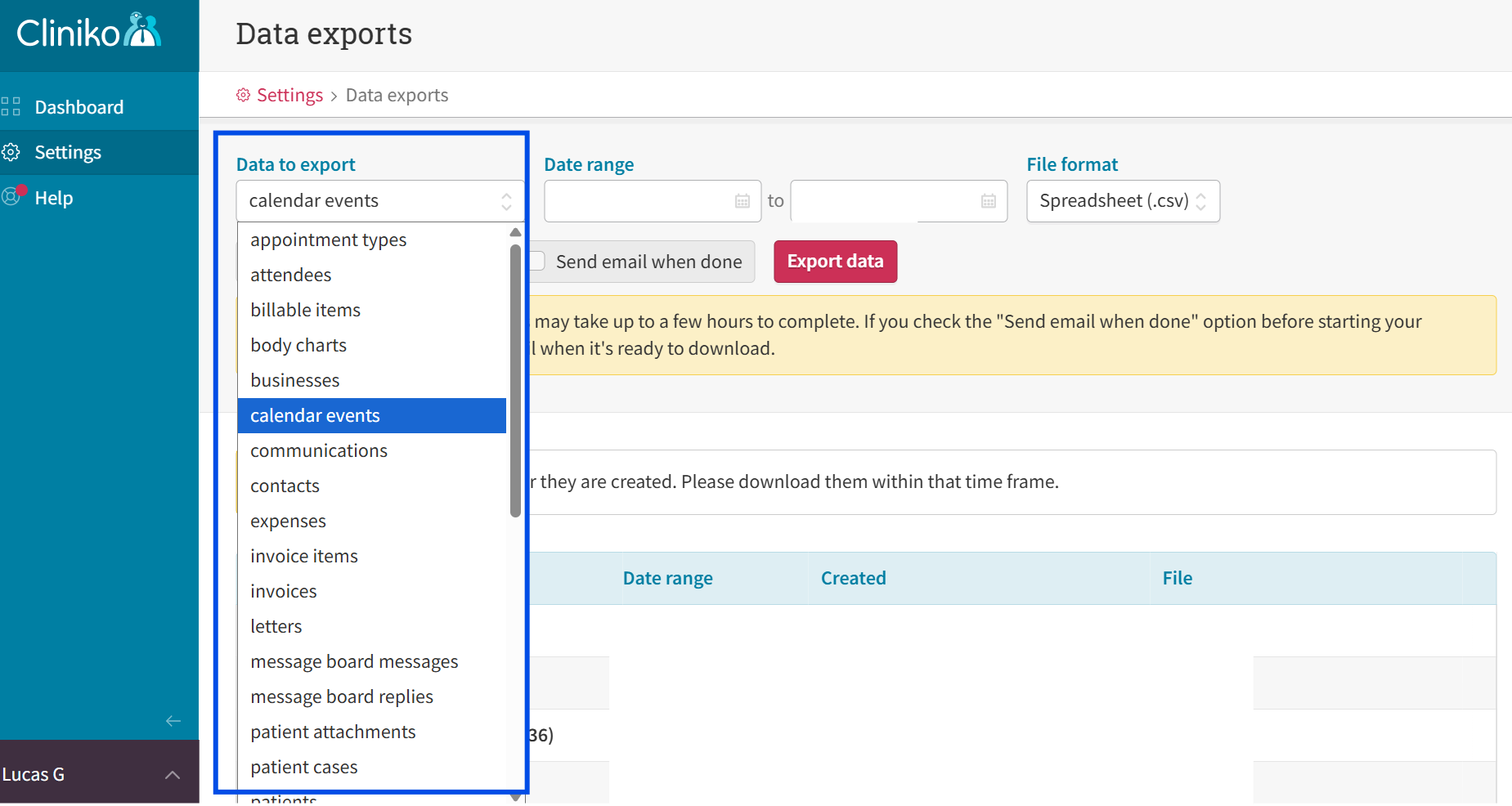 Cliniko — the Data to export dropdown