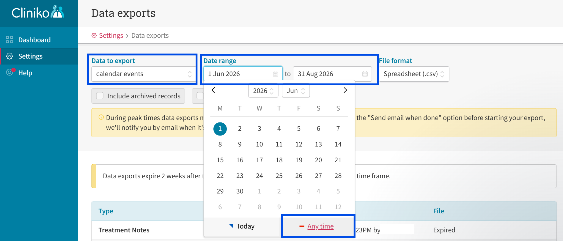 Cliniko — Any time at the bottom of the date picker