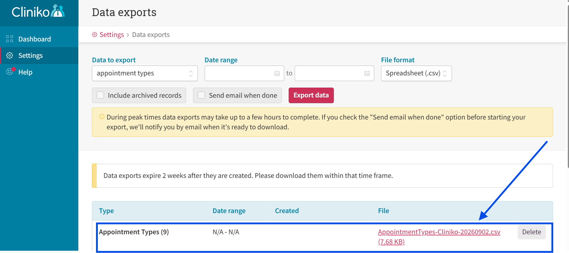Cliniko — the finished export ready to download