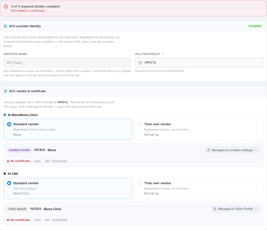 ACC & invoicing — the completeness banner, provider identity and the vendor at each location