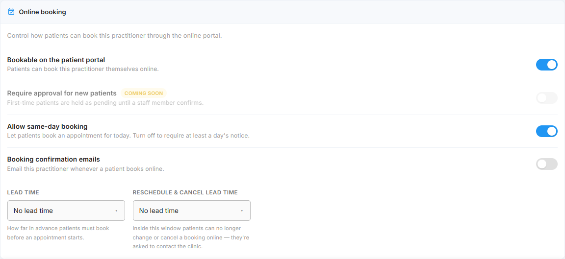 Online booking — portal, same-day booking, confirmation emails and lead times